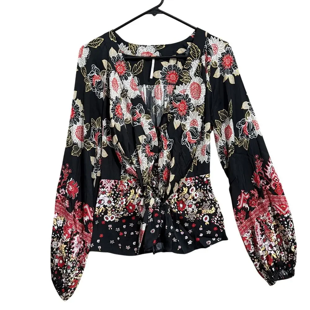 Free People Womens Blouse Black Floral Henley 'Run Free' Long Puff Sleeve Medium